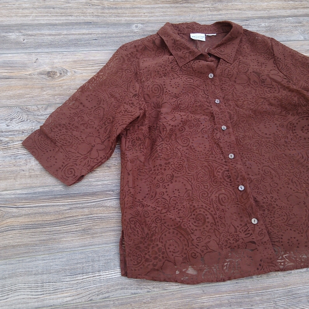 Brown Patterned Semi Sheer Button Down Front Blou… - image 2